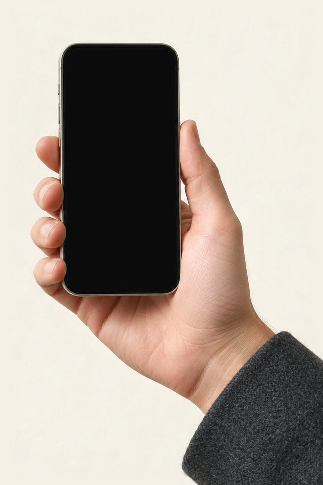 A hand holding a phone upright against a warm cream backdrop, the screen showing a Loep sheet.